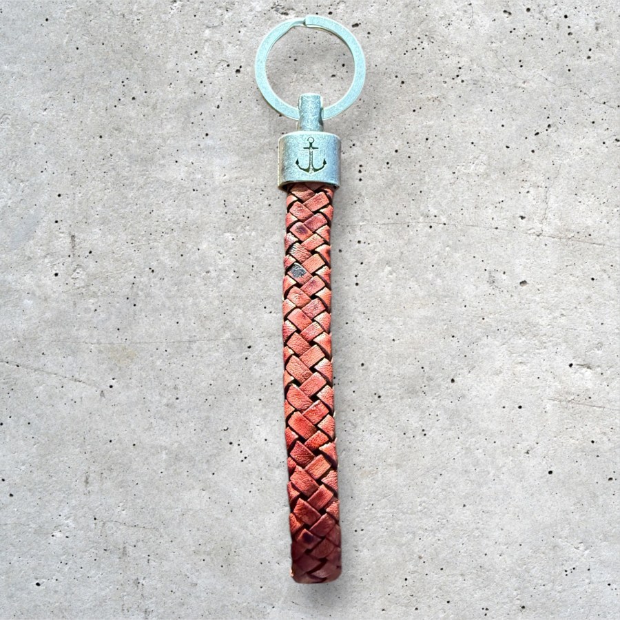 Schlüsselanhänger Leder Metall Anker rot-braun
